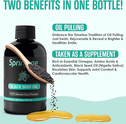 SprinJene Natural® 100% Pure Organic Black Seed Oil Cold Pressed for Oral Wellness, Nigella Sativa Black Seed Oil, Black C...