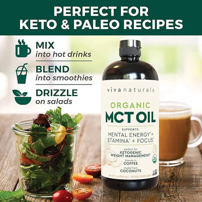 Viva Naturals Organic MCT Oil 32 fl oz - Best MCT Oil Organic for Coffee, MCT Coconut Oil Supports Energy & Mental Clarity...