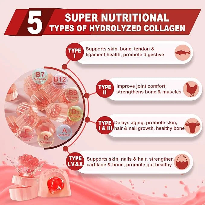 Sugar-Free Hydrolyzed Collagen Peptide Filled Gummies,Extra 1500mg Protein 5000mcg Biotin D3 B6 B6 B12 B12 for