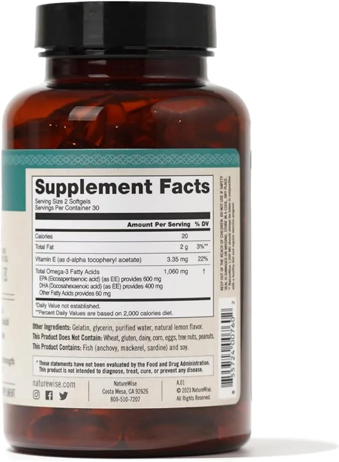 NatureWise Extra-Strength Omega 3 Fish Oil Supplement 1000mg per 600 EPA 400 DHA 60 Softgels[1-Month Softgels[1-Month Supply]