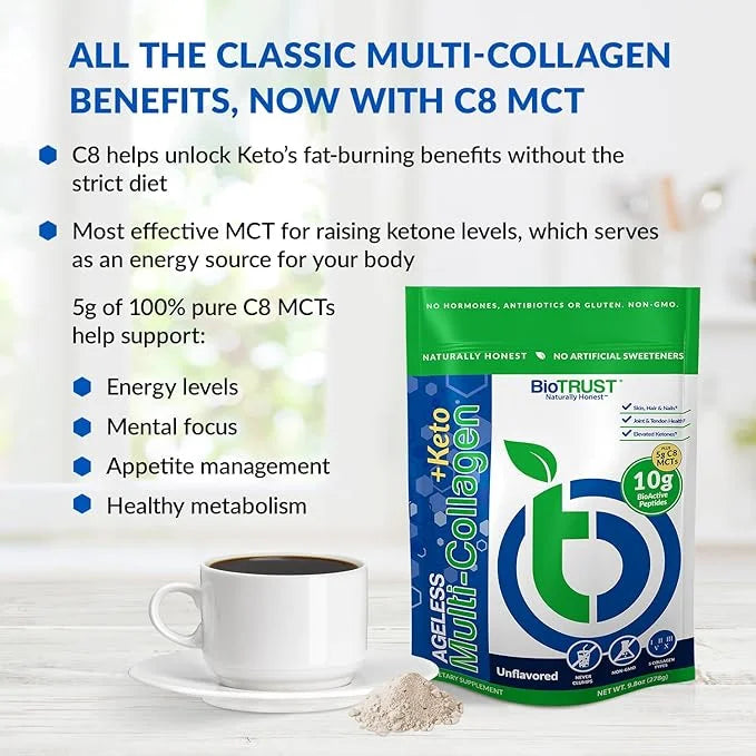 BioTrust Multi Collagen Protein Powder + Keto MCT Oil – 5 Types (I, II, III, V, X) & 100% Caprylic Acid C8 - Support Eleva...