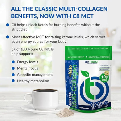 BioTrust Multi Collagen Protein Powder + Keto MCT Oil – 5 Types (I, II, III, V, X) & 100% Caprylic Acid C8 - Support Eleva...
