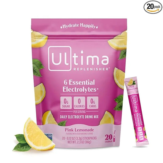 Ultima Replenisher Daily Electrolyte Powder Drink Mix – Pink Lemonade, 20 Stickpacks – Hydration Packets with 6 Electrolyt...