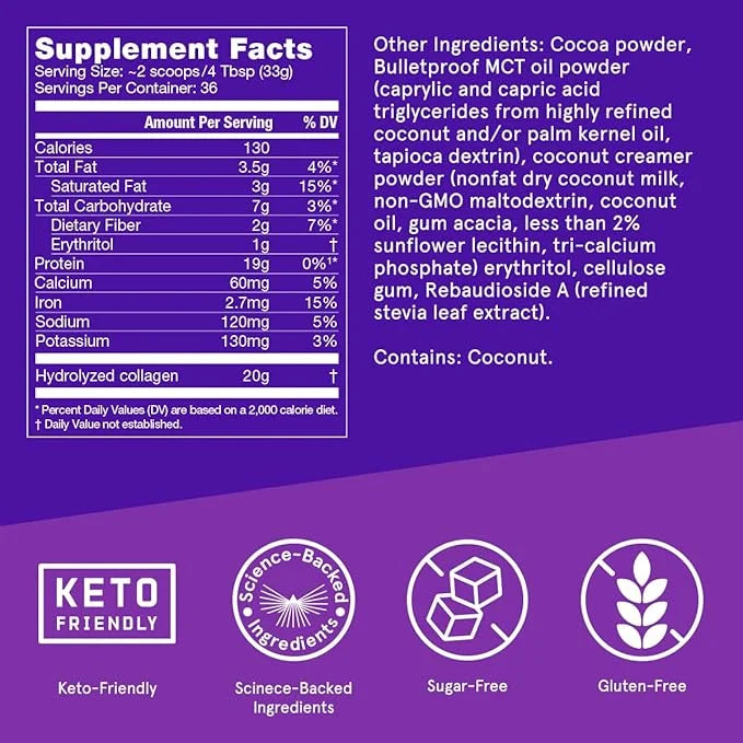 Bulletproof Chocolate Collagen Protein Powder 19g Protein, 42.3 Oz,