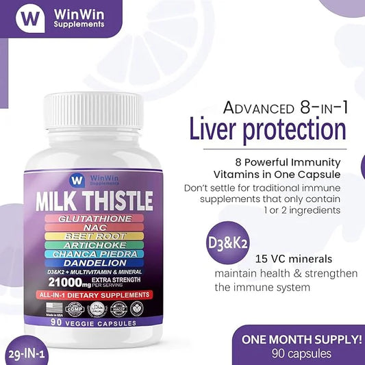 Milk Thistle Supplement 15000mg Organic Artichoke D3&K2 vitamins (29-IN-1)Made In