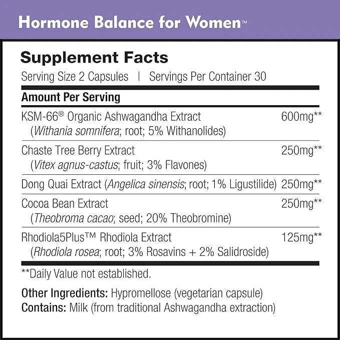 Hormone Balance - Women's Serotonin Supplement - KSM-66 Ashwagandha, Dong Quai, Chaste Tree Berry, Rhodiola, & Cocoa Bean ...