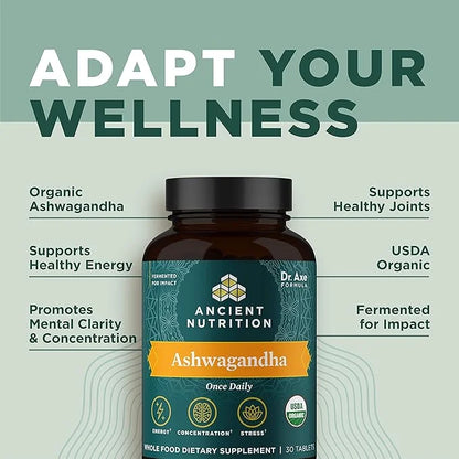 Ashwagandha Tablets by Ancient Nutrition, Stress Relief, Supports Energy, Mental Clarity and Concentration, Reduces Fatigu...