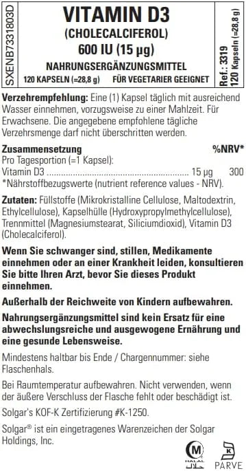Solgar Vitamin D3 (Cholecalciferol) 15 mcg (600 IU), 120 Vegetable 120 Servings