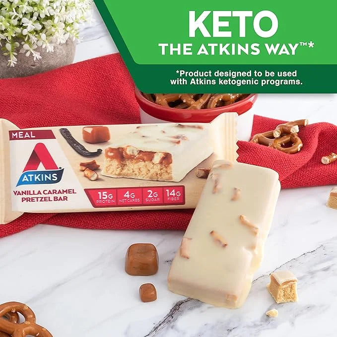 Atkins Vanilla Caramel Pretzel Protein Meal Bar, High Fiber, 2g Sugar, 4g Net Carbs, Meal Replacement, Keto Friendly, 5 Co...