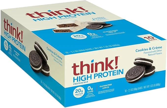 think! Protein Bars, High Protein Snacks, Gluten Free, Kosher Friendly, Cookies and Crème, Nutrition Bars, 2.1 Oz per Bar,...
