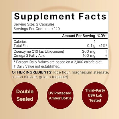 CoQ10 (Ubiquinone) 300mg with Omega 3 240 Capsules Q10 Supplement