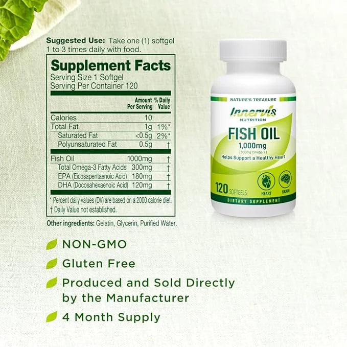 Fish Oil 1000mg Supplement – 120 Softgels Omega-3 Support Heart Brain Eye Health EPA and DHA Non-GMO Gluten Free - Product...