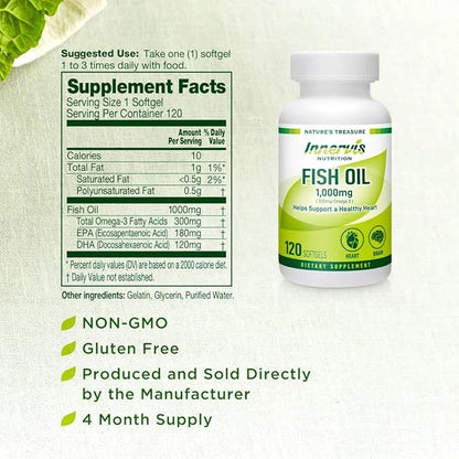 Fish Oil 1000mg Supplement – 120 Softgels Omega-3 Support Heart Brain Eye Health EPA and DHA Non-GMO Gluten Free - Product...