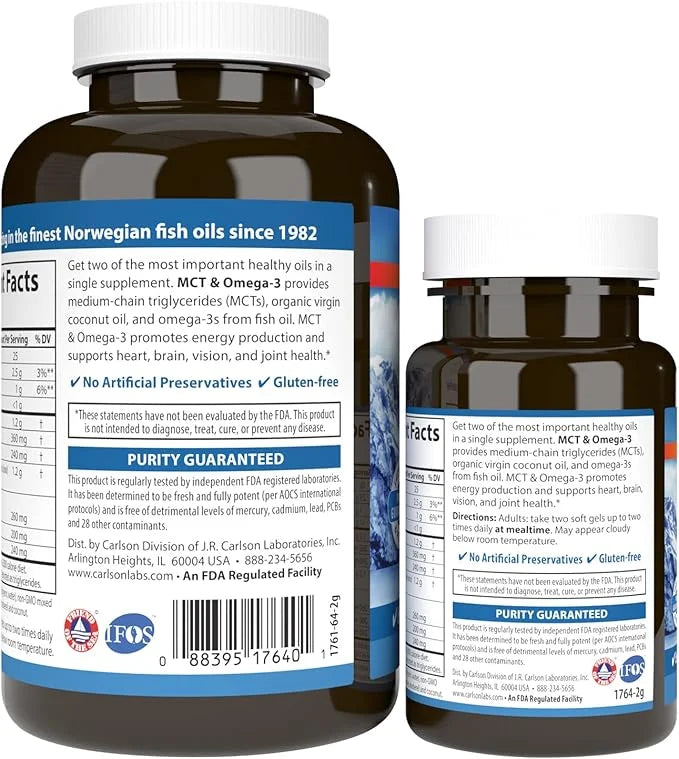 Carlson - MCT & Omega-3, Coconut Oil, Caprylic & Capric Acids, EPA & DHA, Energy Production, Fat Metabolism & Brain Health...