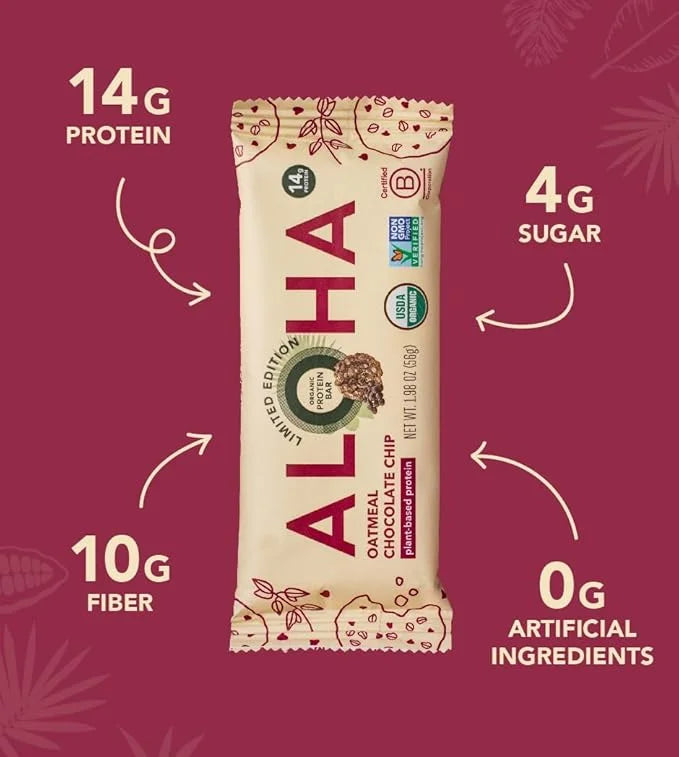ALOHA Organic Plant Based Protein Bars - Oatmeal Chocolate Chip - 12 Count, 1.9oz Bars - Vegan Snacks, Low Sugar, Gluten-F...