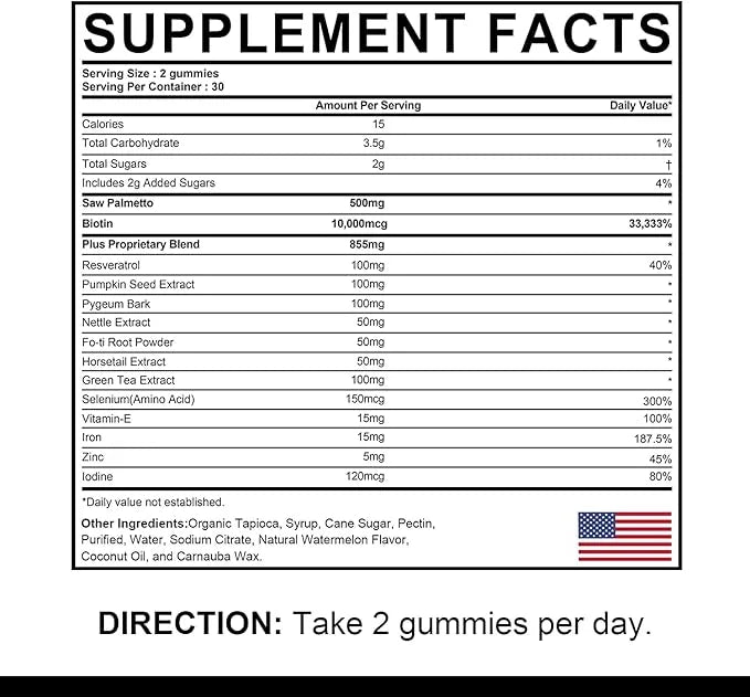 DHT Blocker Gummies Hair Growth Supplement, Super Potency Saw Palmetto & Biotin 10000 mcg for Women & Men, Plus 12 Proprie...