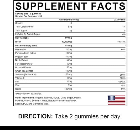 DHT Blocker Gummies Hair Growth Supplement, Super Potency Saw Palmetto & Biotin 10000 mcg for Women & Men, Plus 12 Proprie...