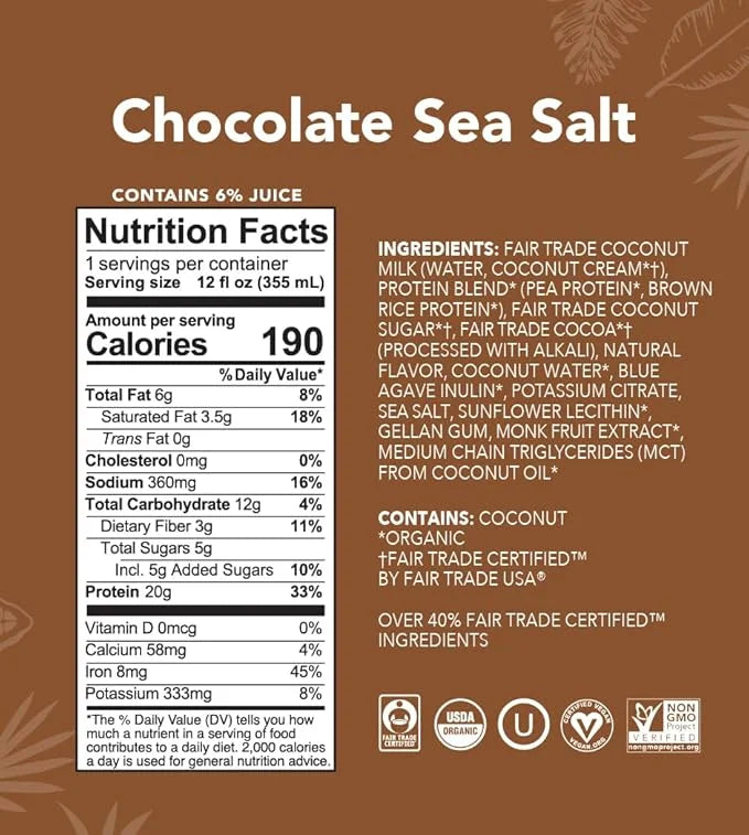 ALOHA Organic Plant Based Chocolate Sea Salt Protein Shake w/MCT Oil (12 ct, 12oz Bottle) 20g Protein, Meal Replacement, L...