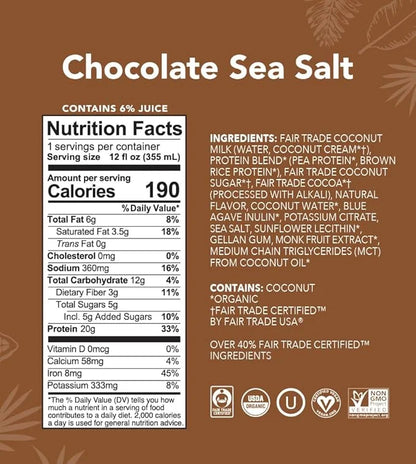 ALOHA Organic Plant Based Chocolate Sea Salt Protein Shake w/MCT Oil (12 ct, 12oz Bottle) 20g Protein, Meal Replacement, L...