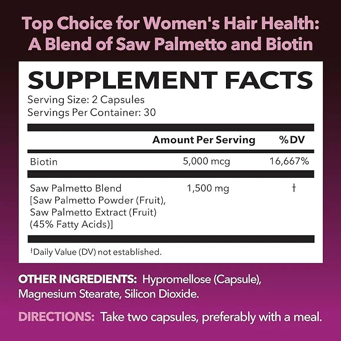 Saw Palmetto for Women with Biotin 5000mcg - Powerful DHT Blocker to Support Hair, Skin, and Nail Health - 60 Count - Vega...