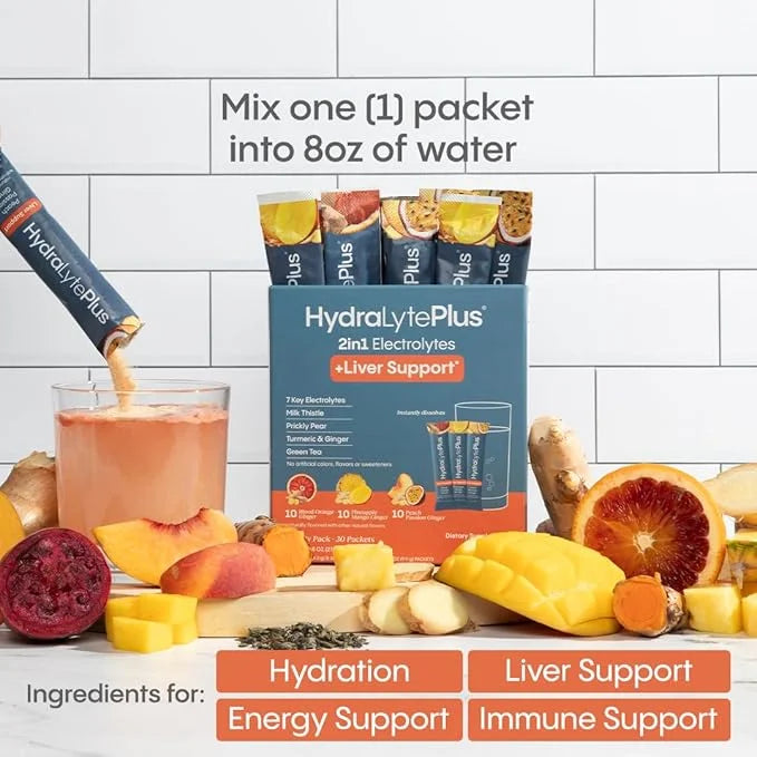 Hydralyte Liver Support + Electrolyte Mix with Milk Thistle, Turmeric, Ginger, Prickly Pear, Green Tea Extract Formulated ...