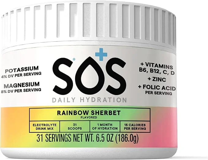 SOS Hydration Electrolyte Powder, Rainbow Sherbert Flavor, 31 Servings – Low-Calorie, Zero Sugar, Rapid Rehydration, Made ...