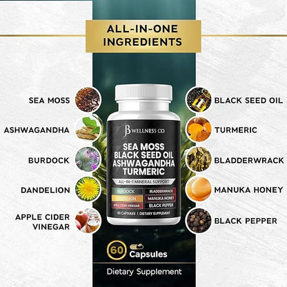 Sea Moss 3000mg Black Seed Oil 2000mg Ashwagandha 1000mg Turmeric 1000mg Bladderwrack 1000mg Burdock 1000mg & D3 with 60 C...