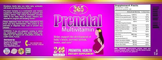 365 Health Prenatal Multivitamin with Folic 240 Tablets, 240 Day