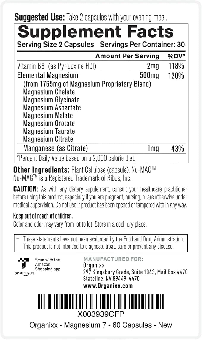 Organixx Magnesium Supplement, Natural Calm Magnesium B6 and (60 Count)