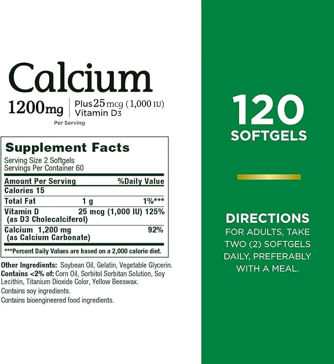 Nature's Bounty Calcium Carbonate & Vitamin 1200mg Calcium 1000IU Vitamin D3, 120 120 Softgels