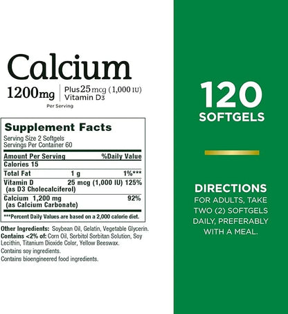 Nature's Bounty Calcium Carbonate & Vitamin 1200mg Calcium 1000IU Vitamin D3, 120 120 Softgels