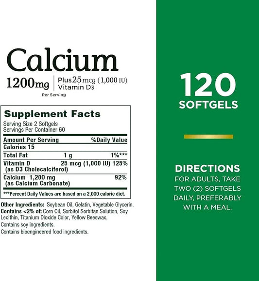Nature's Bounty Calcium Carbonate & Vitamin 1200mg Calcium 1000IU Vitamin D3, 120 120 Softgels