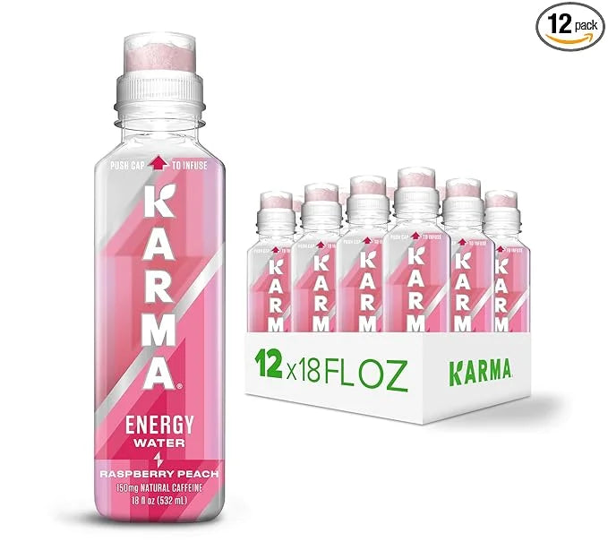 Karma Natural Energy Drink - 12 Pack, Raspberry Peach Caffeinated Water - Clean Focus & Energy Boost - Product Image