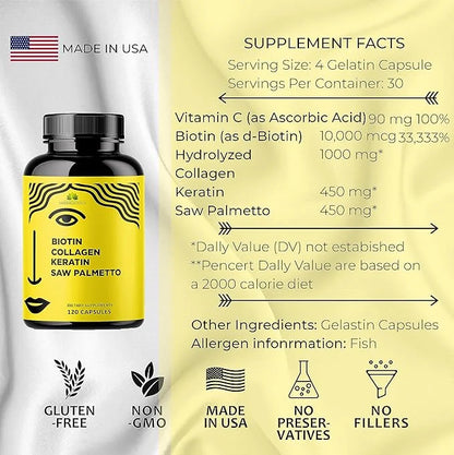 Biotin Vitamins with Collagen, Keratin & 10000 mcg 120 Capsules