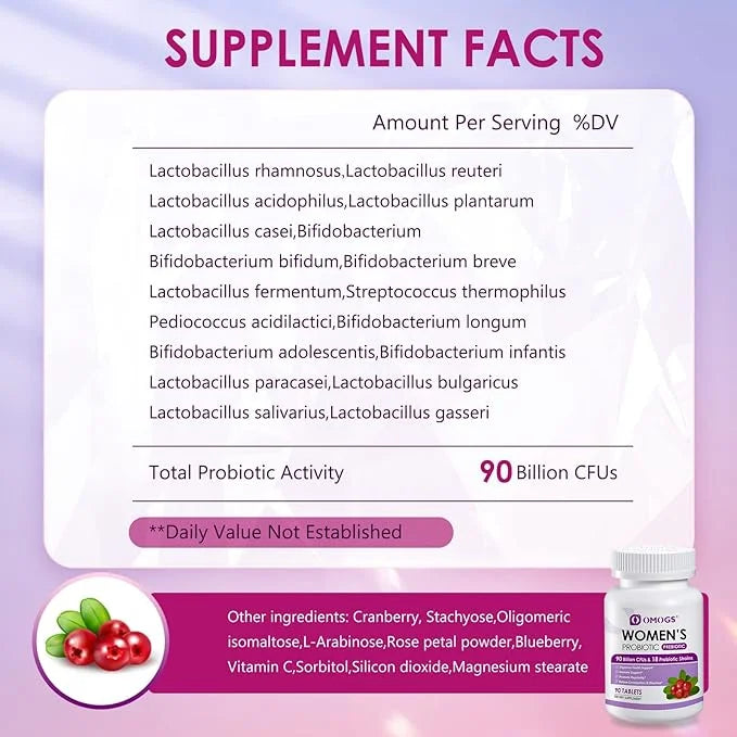 Women's Probiotic,with Cranberry Extract and Organic Prebiotics,90 Billion CFUs,18 Strains,Help 90 Tablets