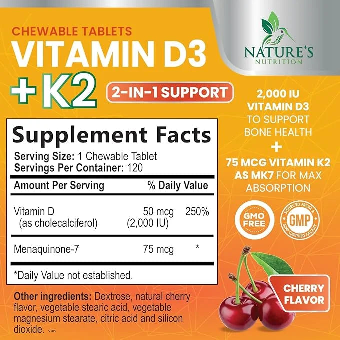 Vitamin D3 K2 as MK-7 2000iu of D3 & 75mcg K2, K2, Vitamin K2 D3 D3 Bone 120 Chewable