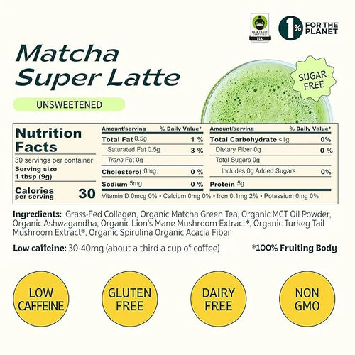 JIBBY Mushroom Matcha Super Latte - Ceremonial Grade Green Tea Organic Matcha Powder, Collagen, MCT Oil, Superfood Mushroo...