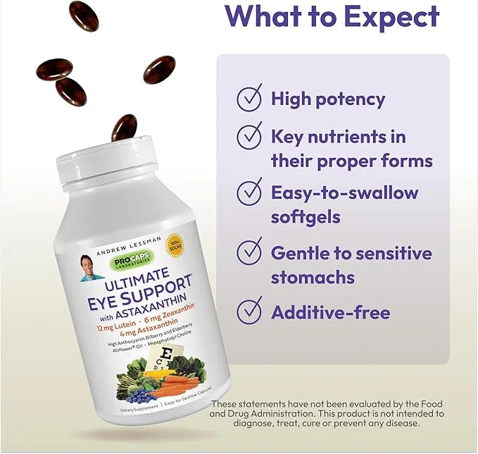 ANDREW LESSMAN Ultimate Eye Support 60 Softgels 12mg Lutein, 6mg Zeaxanthin, 4mg Astaxanthin,