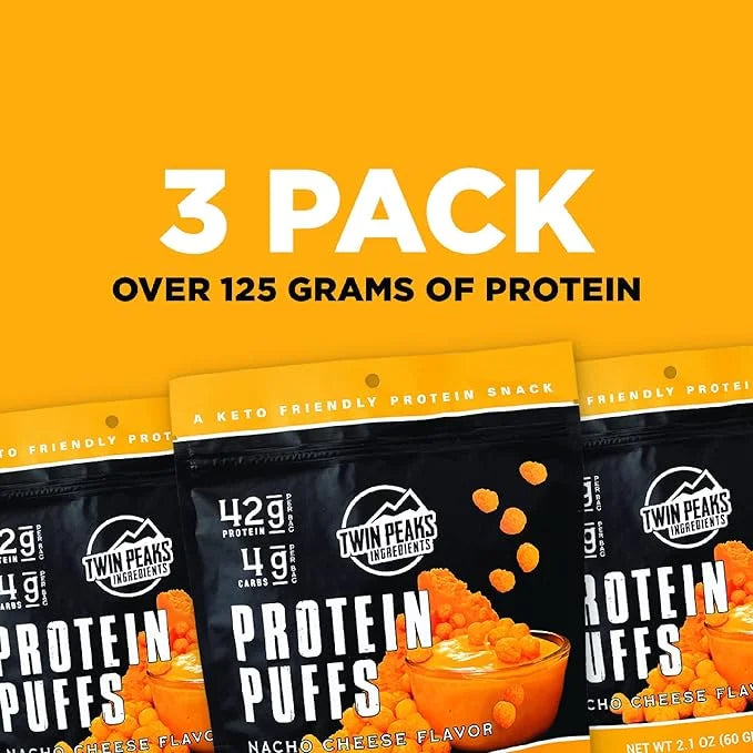 Twin Peaks Low Carb, Keto Friendly Protein Puffs, (Nacho Cheese), 2 Servings, 3 Pack (60g, 42g Protein, 4g Carbs) - Produc...