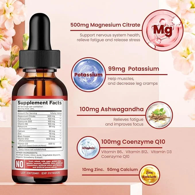 Potassium Magnesium Citrate Supplement, Liquid Magnesium Citrate Drops 500mg with Ashwagandha, Calcium, Zinc, Vitamin D3, ...