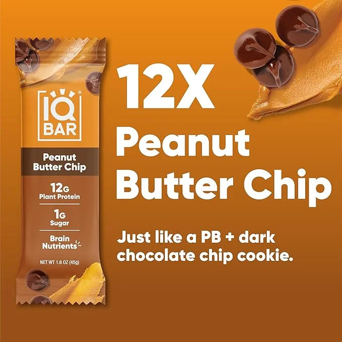 IQBAR Brain and Body Plant Protein Bars - Peanut Butter Chip - 12 Count, Low Carb, High Fiber, Gluten Free, Vegan Snacks -...