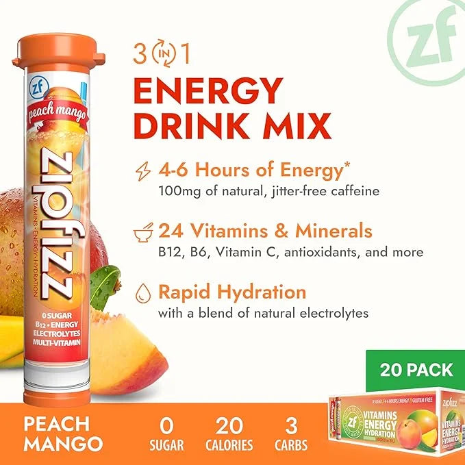 Zipfizz Daily Energy Drink Powder, Peach Mango, 20 Pack | 3-in-1 Sustained Energy, Rapid Hydration, and Essential Vitamins...