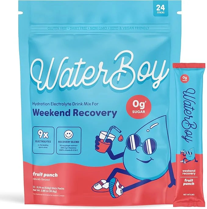 Waterboy Weekend Recovery | 3,200mg Electrolyte Powder Packets | Ginger + L-Theanine + Vitamins | No Sugar, All Natural, G...