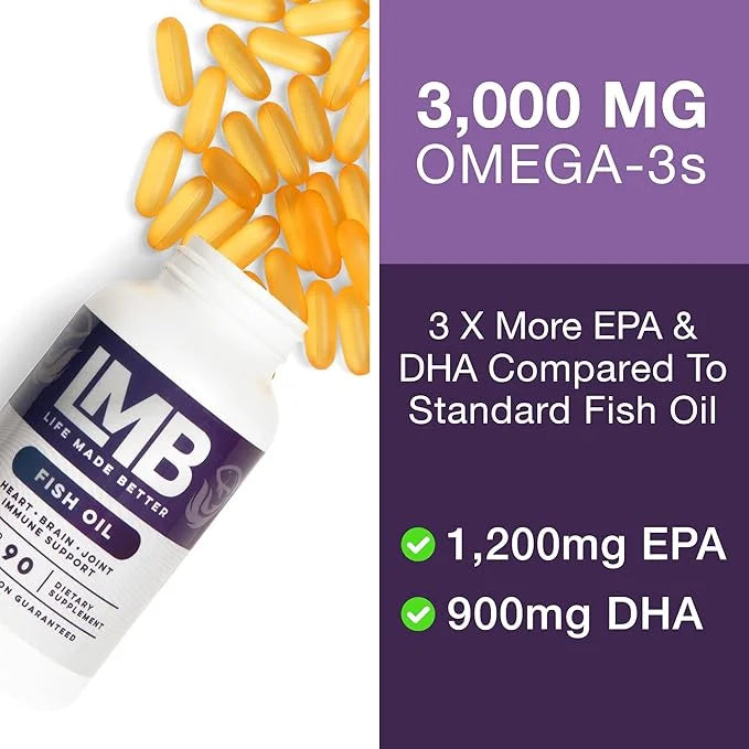 Wild Caught Omega 3 Fish Oil 3000mg 900mg + 1200mg Non-GMO (90 Soft