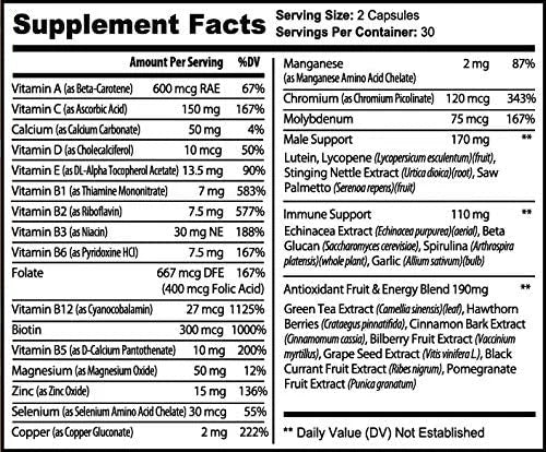 Men's Multivitamin Supplement for Energy, Focus B12, Zinc, 60 Capsules