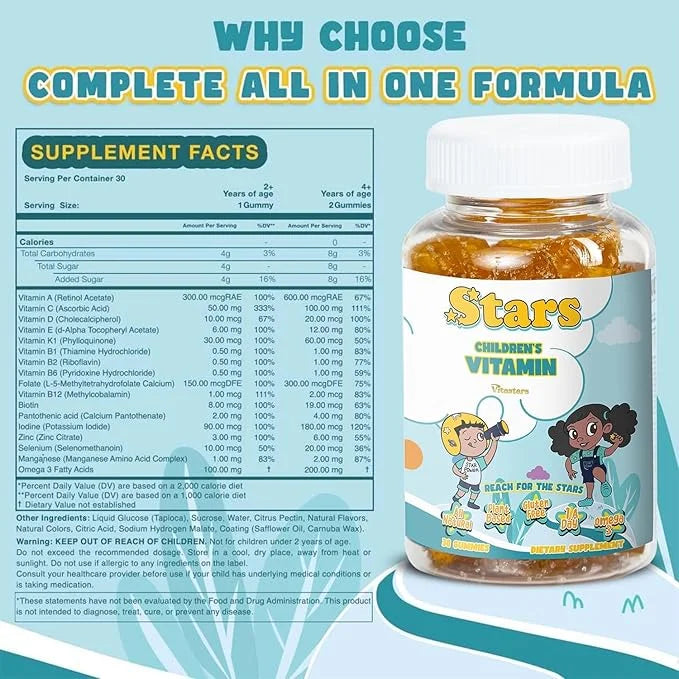 Stars Kids Multivitamin Gummies with Omega 3, Selenium, 30 Star-Shaped,