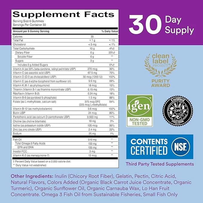 SmartyPants Fiber Supplement & Multivitamin D3, C, B12, B6, B6, Vitamin 3 Fish 180 Count (30 Day