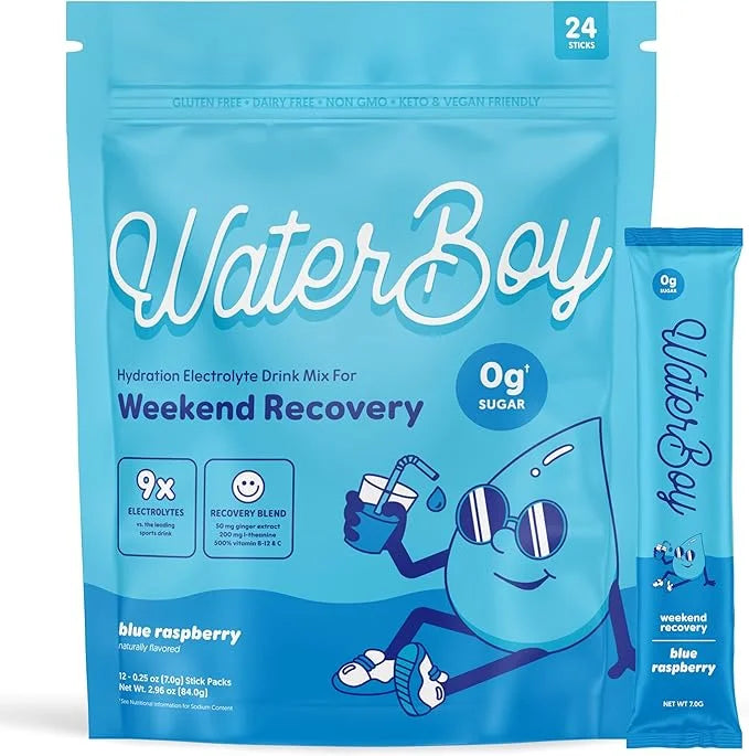 Waterboy Weekend Recovery | 3,200mg Electrolyte Powder Packets | Ginger + L-Theanine + Vitamins | No Sugar, All Natural, G...