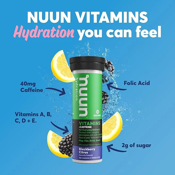 Nuun Hydration Vitamins Electrolyte Tablets + Caffeine, Blackberry Citrus, 5 Essential Electrolytes for Hydration + Vitami...