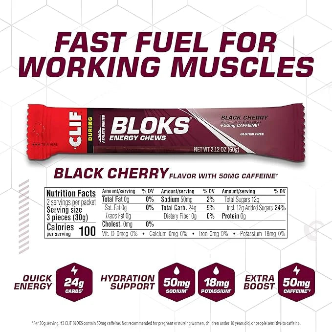 CLIF BLOKS - Black Cherry Flavor with Caffeine - Energy Chews - Non-GMO - Plant Based - Fast Fuel for Cycling and Running ...
